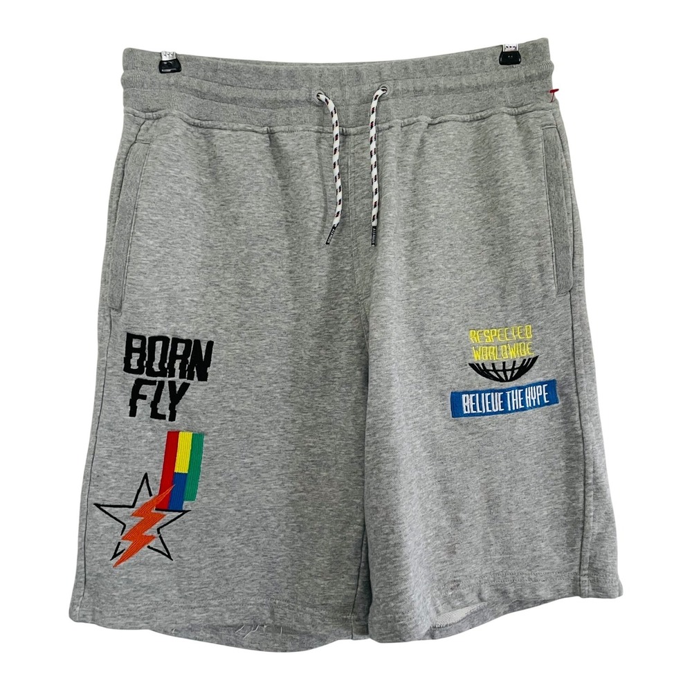 Born Fly Sweat Shorts Gray Embroidered Graphic Mens XL Streetwear